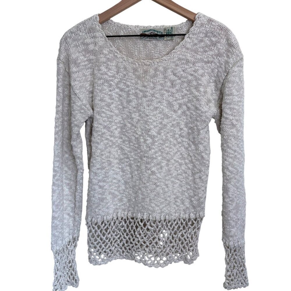 Aran Crafts Linen Cotton Open Weave Crochet Knit Sweater Small